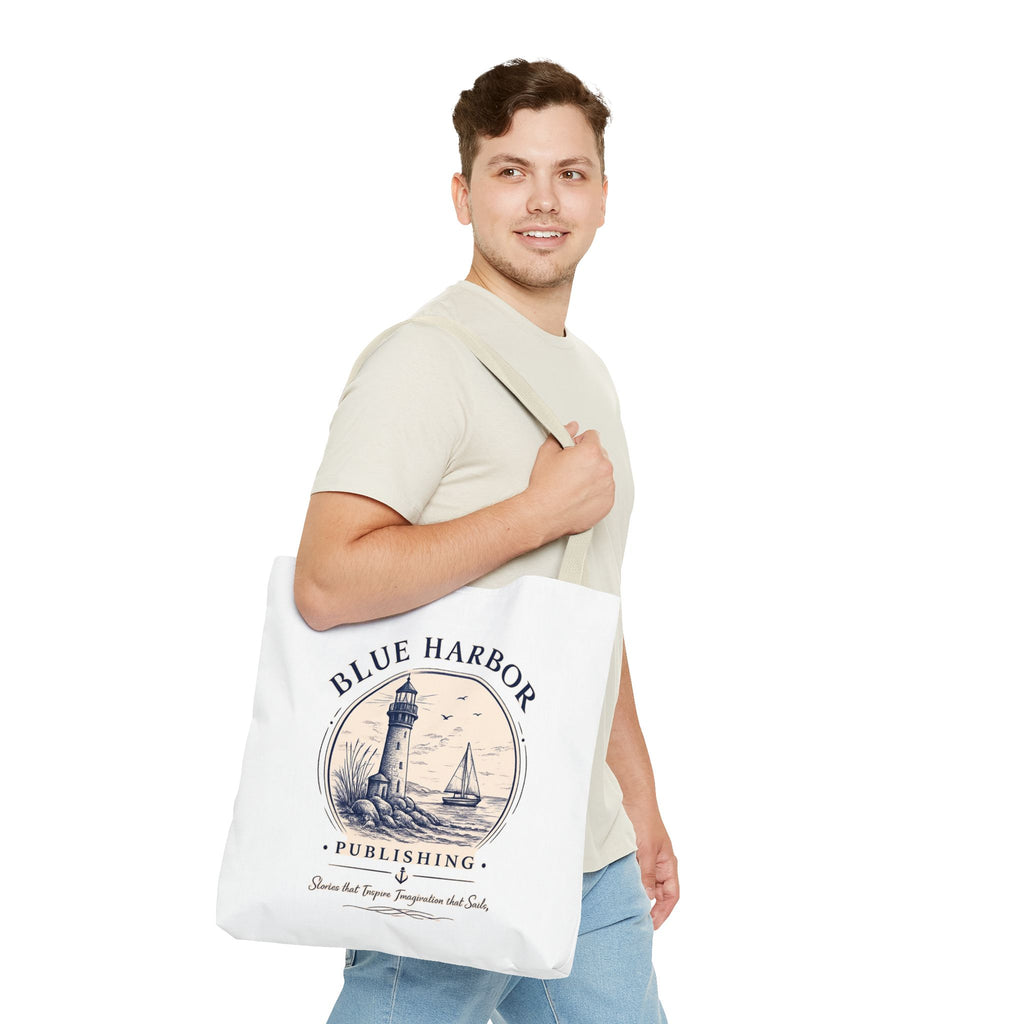 Nautical Lighthouse Tote Bag "Blue Harbor Publishing" Vintage Seaside Canvas Tote