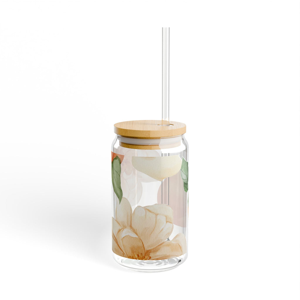 Peach & Magnolia Floral Glass Sipper Cup with Bamboo Lid