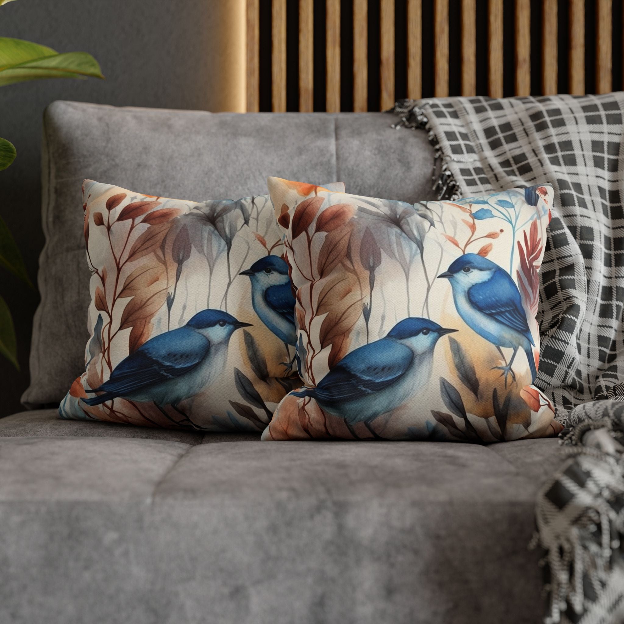 Watercolor Birds & Autumn Foliage Throw Pillowcase