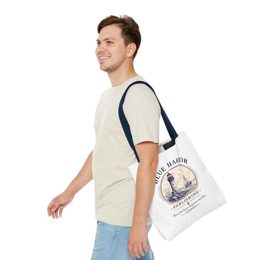 Nautical Lighthouse Tote Bag "Blue Harbor Publishing" Vintage Seaside Canvas Tote