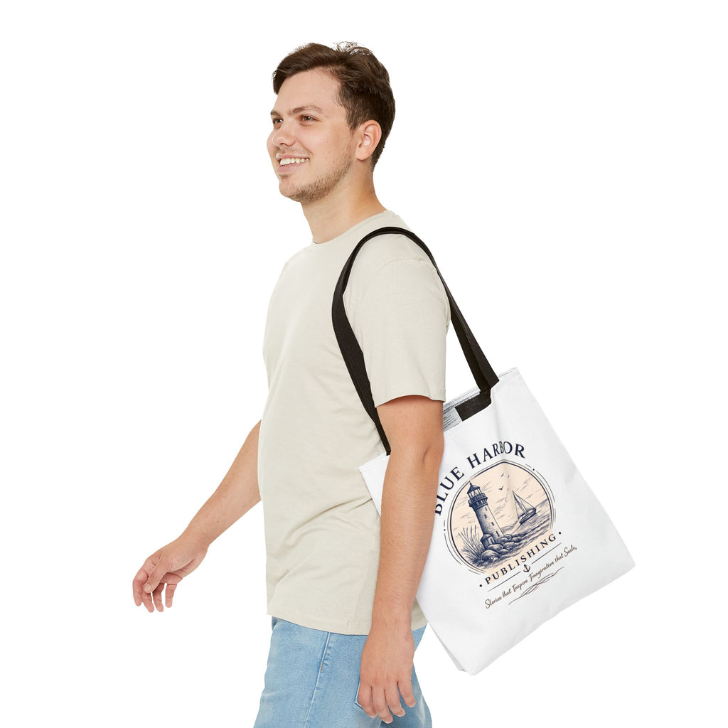 Nautical Lighthouse Tote Bag "Blue Harbor Publishing" Vintage Seaside Canvas Tote