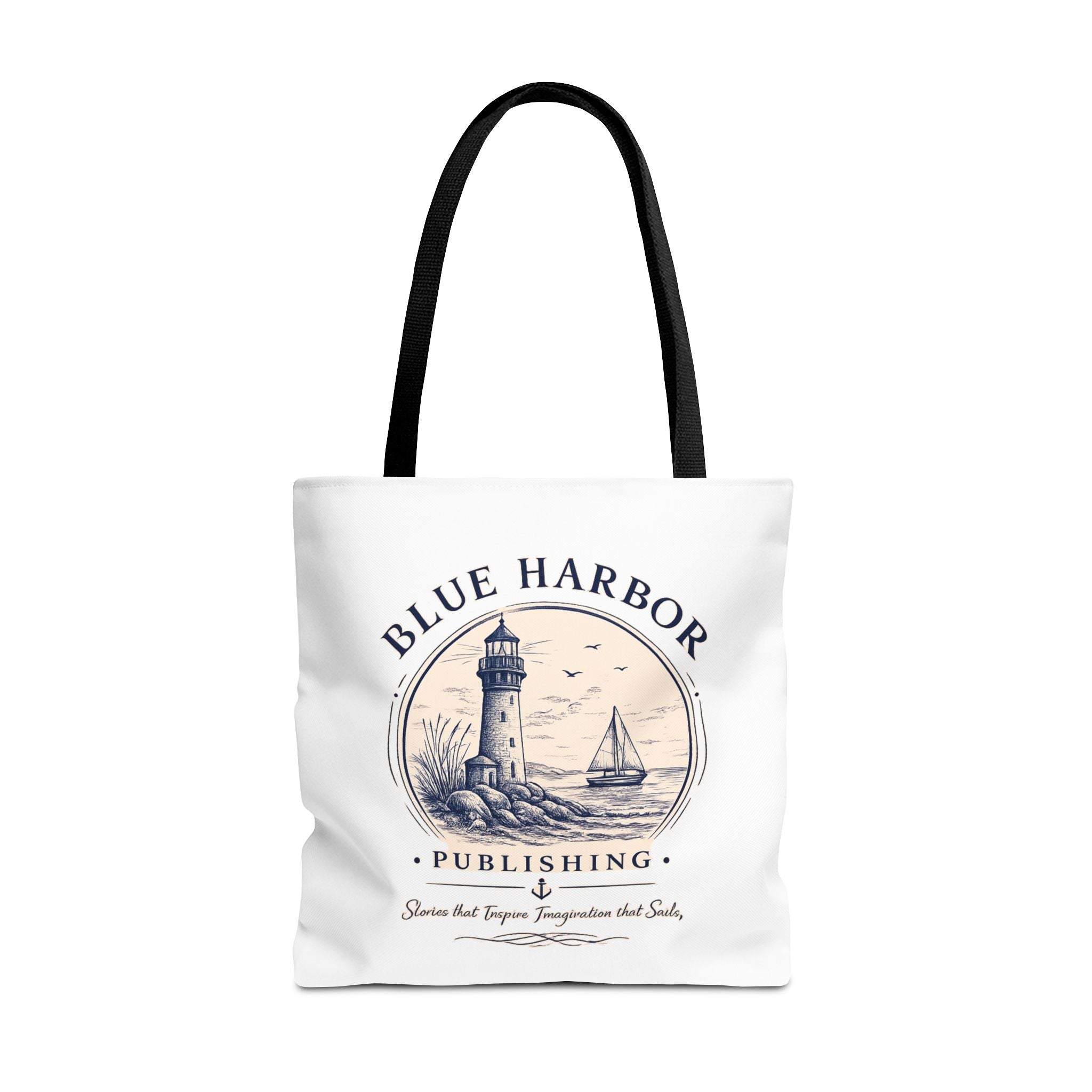 Nautical Lighthouse Tote Bag "Blue Harbor Publishing" Vintage Seaside Canvas Tote