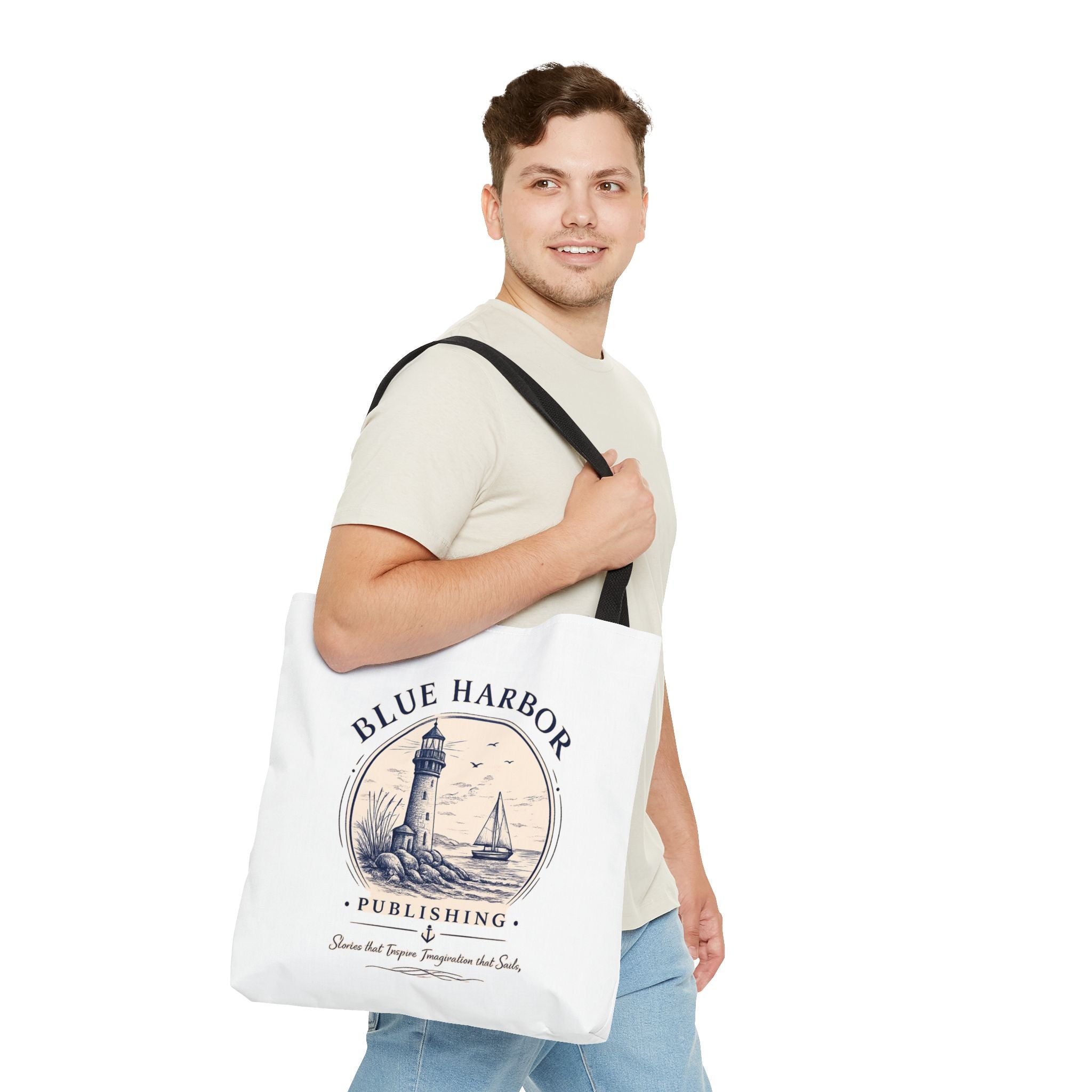 Nautical Lighthouse Tote Bag "Blue Harbor Publishing" Vintage Seaside Canvas Tote