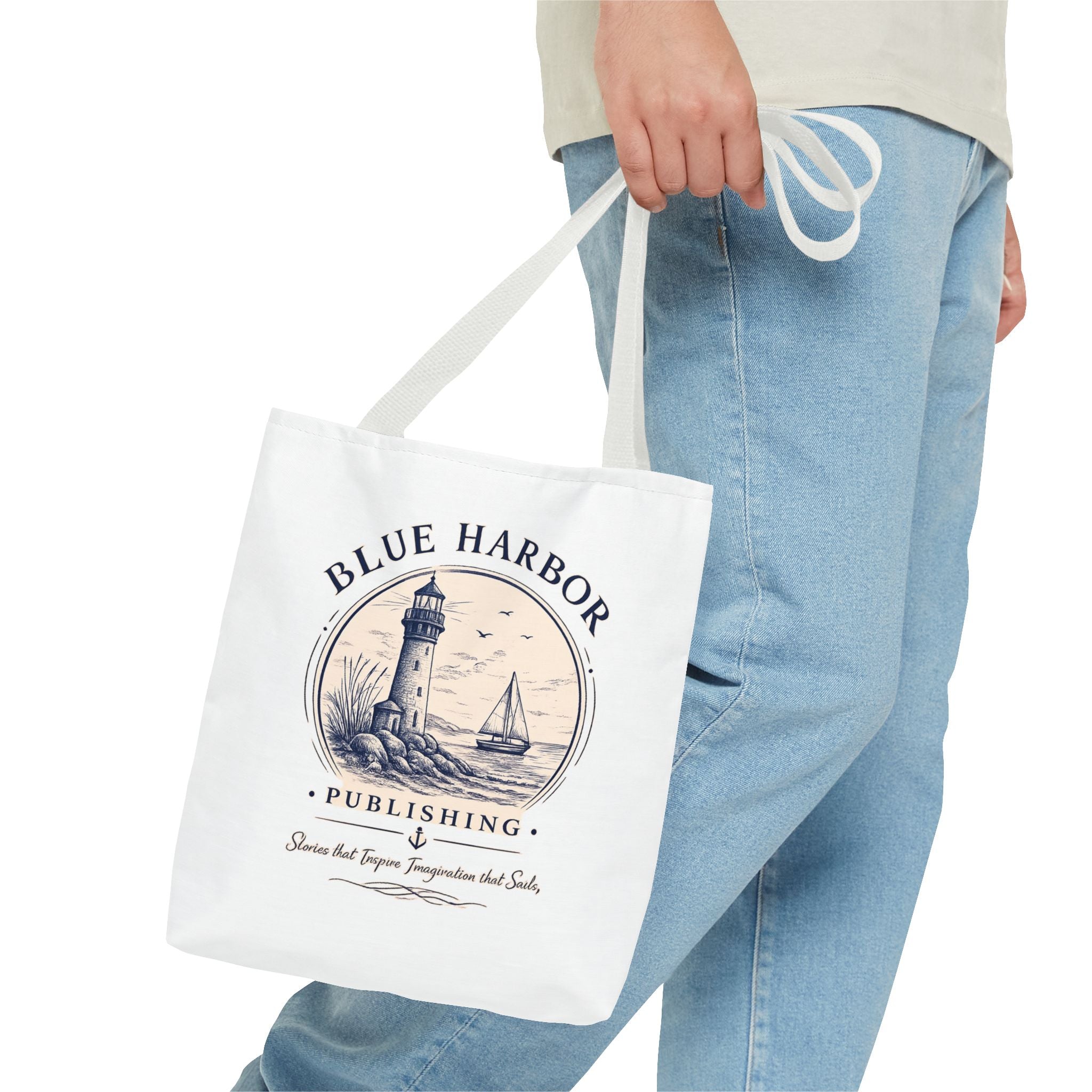 Nautical Lighthouse Tote Bag "Blue Harbor Publishing" Vintage Seaside Canvas Tote