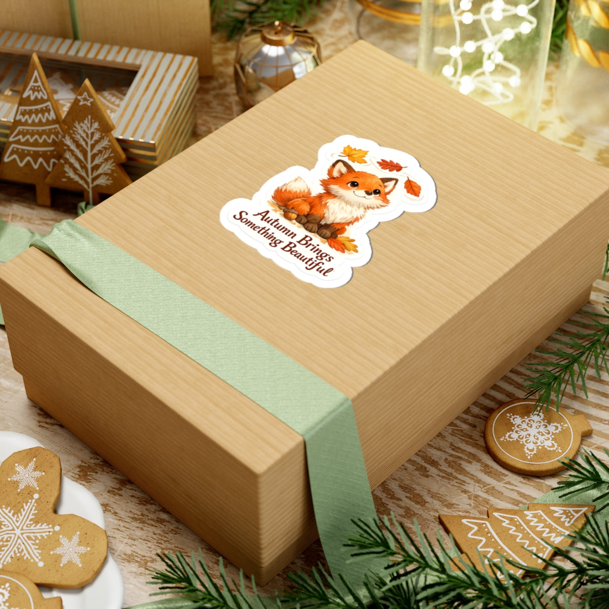 Autumn Fox Kiss-Cut Sticker — "Autumn Brings Something Beautiful" Cute Fall Laptop Decal