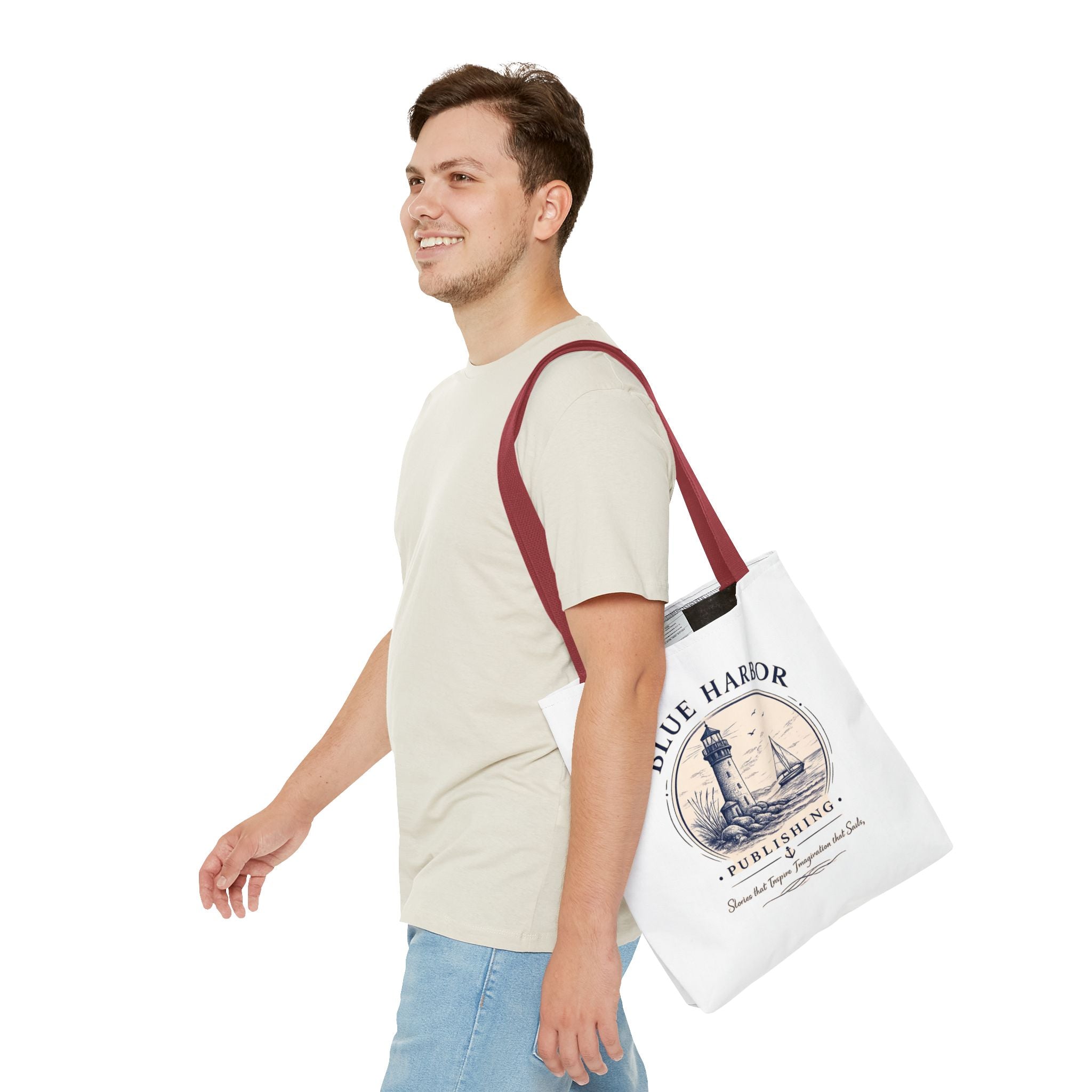 Nautical Lighthouse Tote Bag "Blue Harbor Publishing" Vintage Seaside Canvas Tote