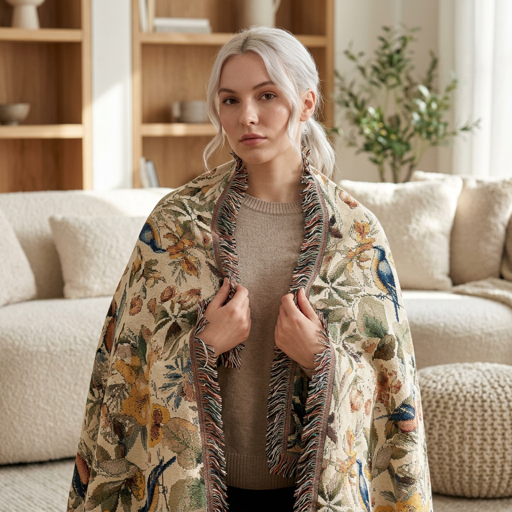Bird & Blossom Woven Blanket — Vintage Floral Throw for Couch, Bedroom, Gift