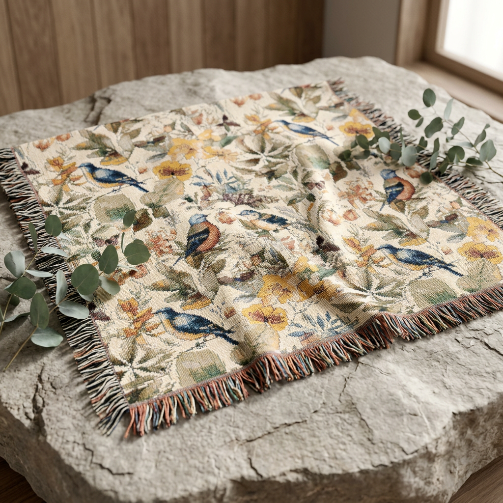 Bird & Blossom Woven Blanket — Vintage Floral Throw for Couch, Bedroom, Gift
