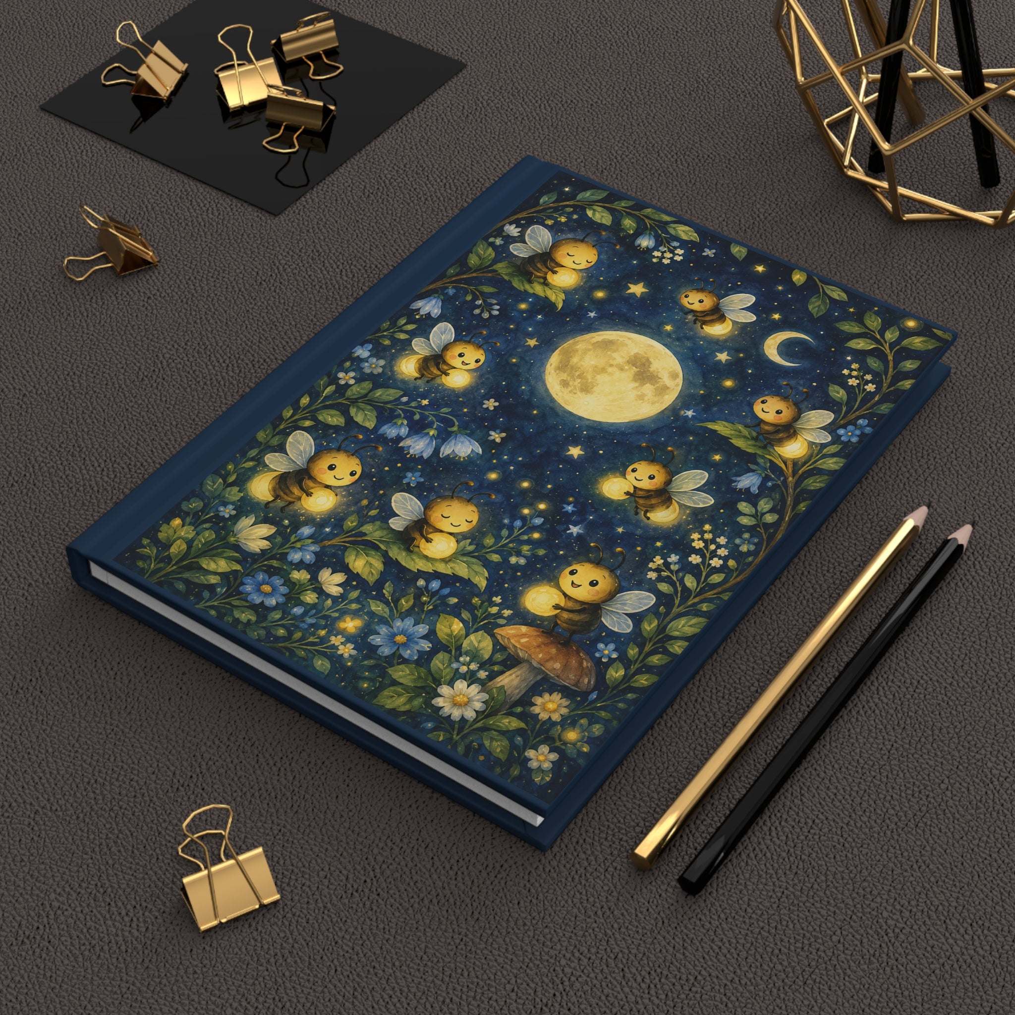 Moonlit Firefly Bees Hardcover Journal (Whimsical Floral Night Sky)
