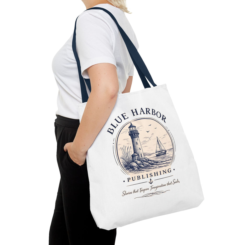 Nautical Lighthouse Tote Bag "Blue Harbor Publishing" Vintage Seaside Canvas Tote