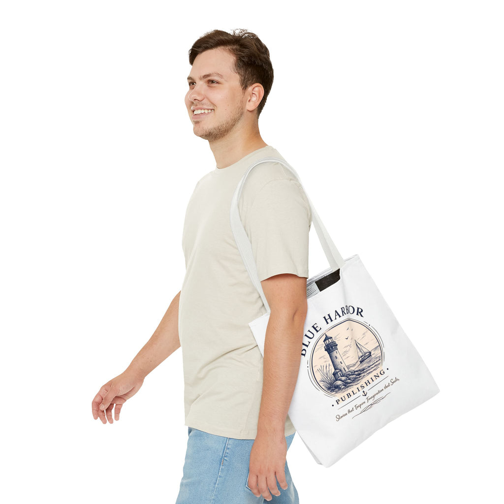 Nautical Lighthouse Tote Bag "Blue Harbor Publishing" Vintage Seaside Canvas Tote