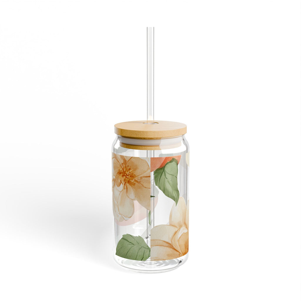 Peach & Magnolia Floral Glass Sipper Cup with Bamboo Lid