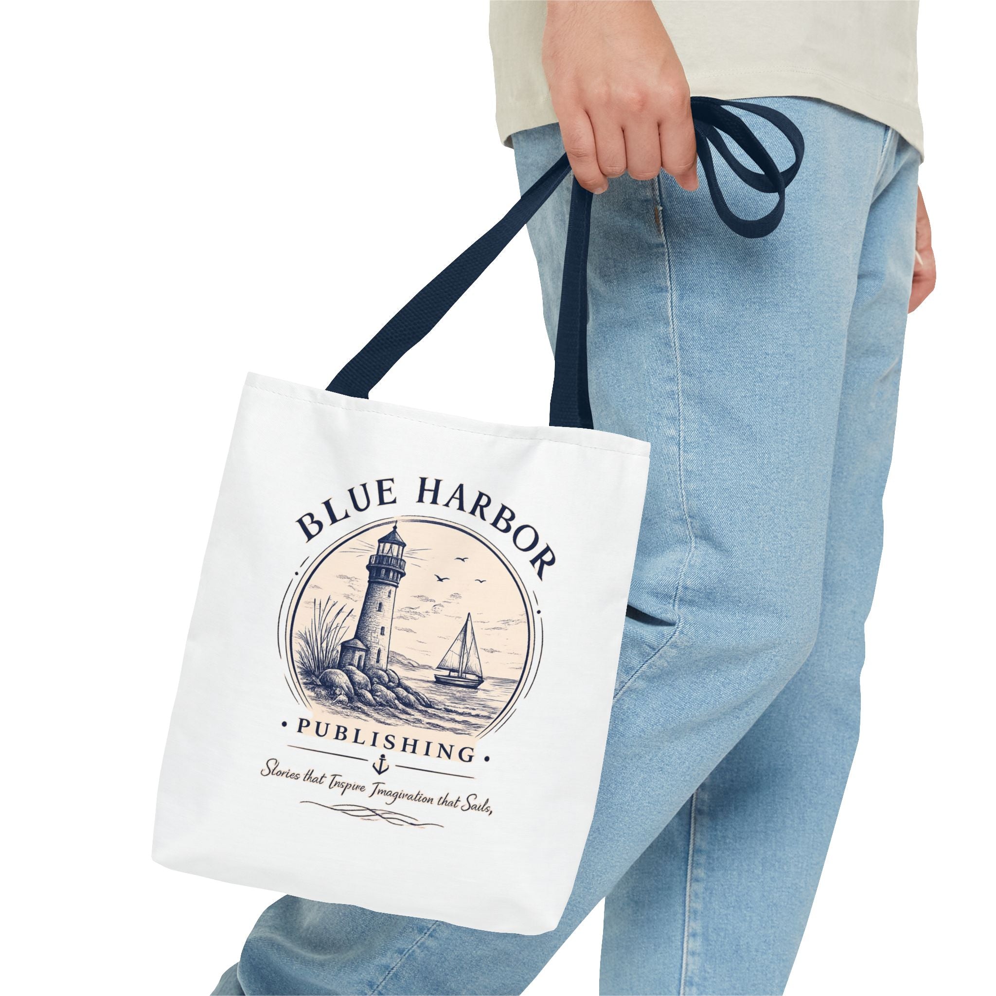 Nautical Lighthouse Tote Bag "Blue Harbor Publishing" Vintage Seaside Canvas Tote