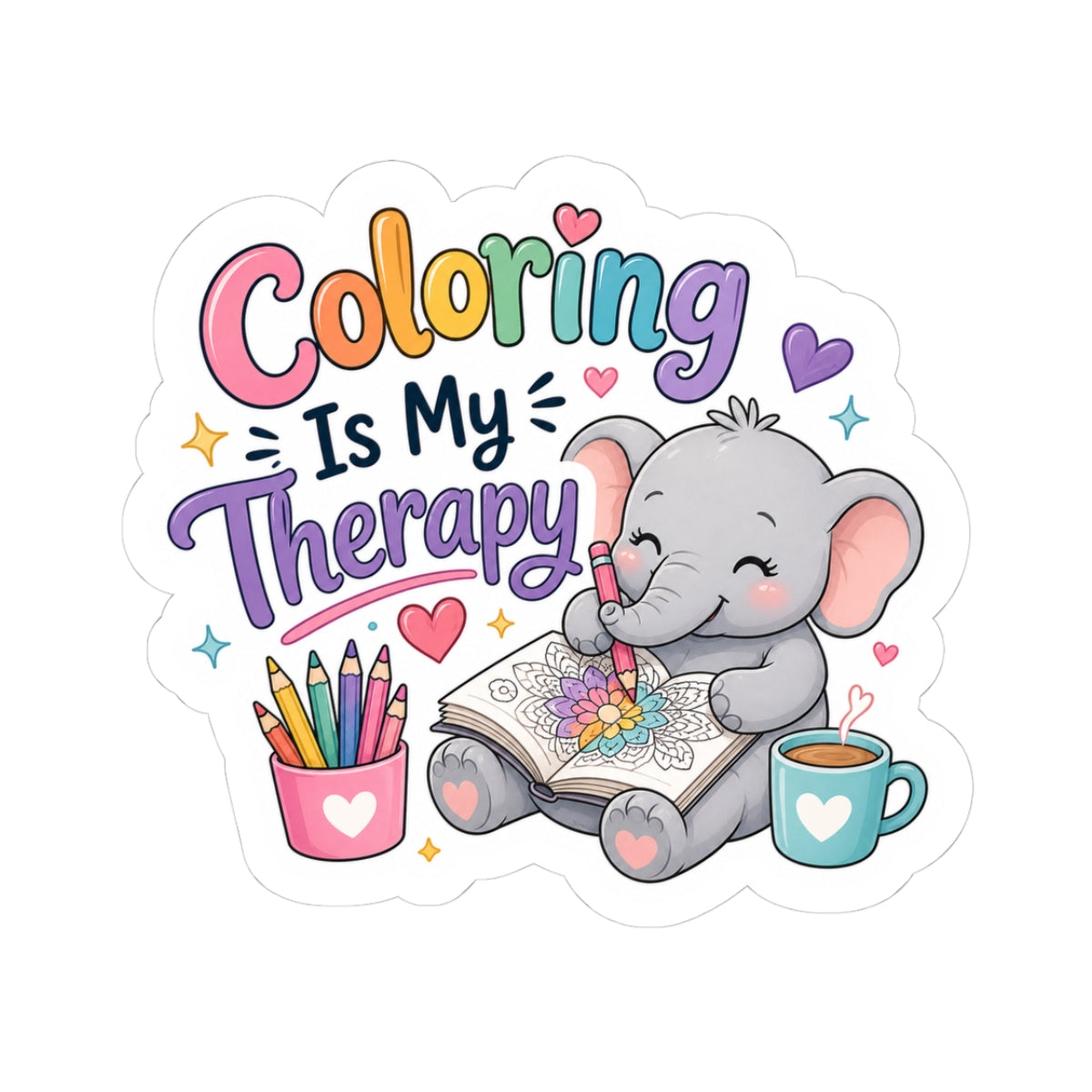 Coloring Is My Therapy Elephant Kiss-Cut Sticker
