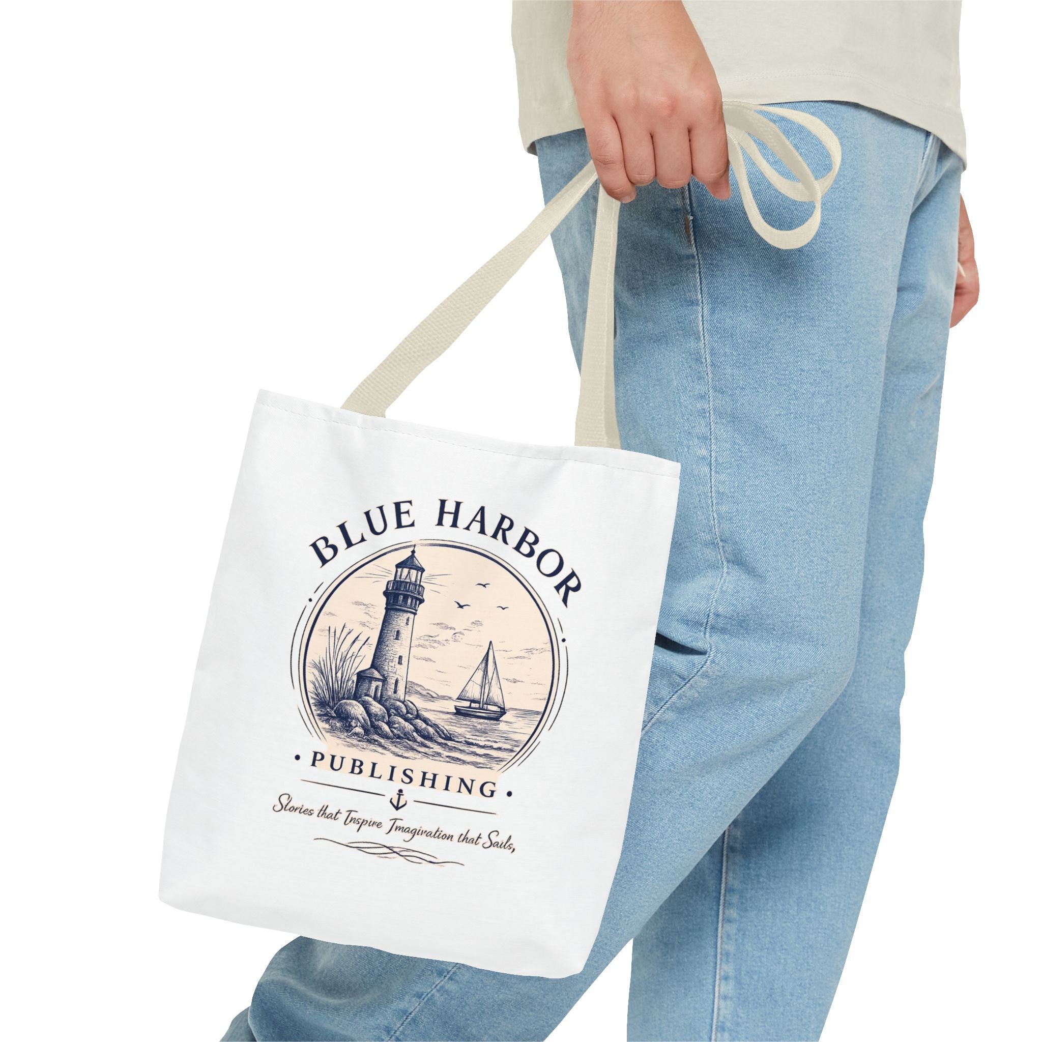 Nautical Lighthouse Tote Bag "Blue Harbor Publishing" Vintage Seaside Canvas Tote