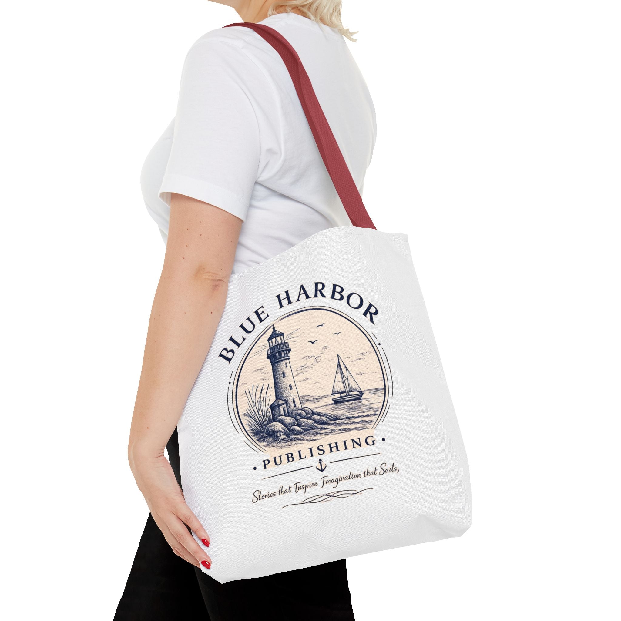 Nautical Lighthouse Tote Bag "Blue Harbor Publishing" Vintage Seaside Canvas Tote