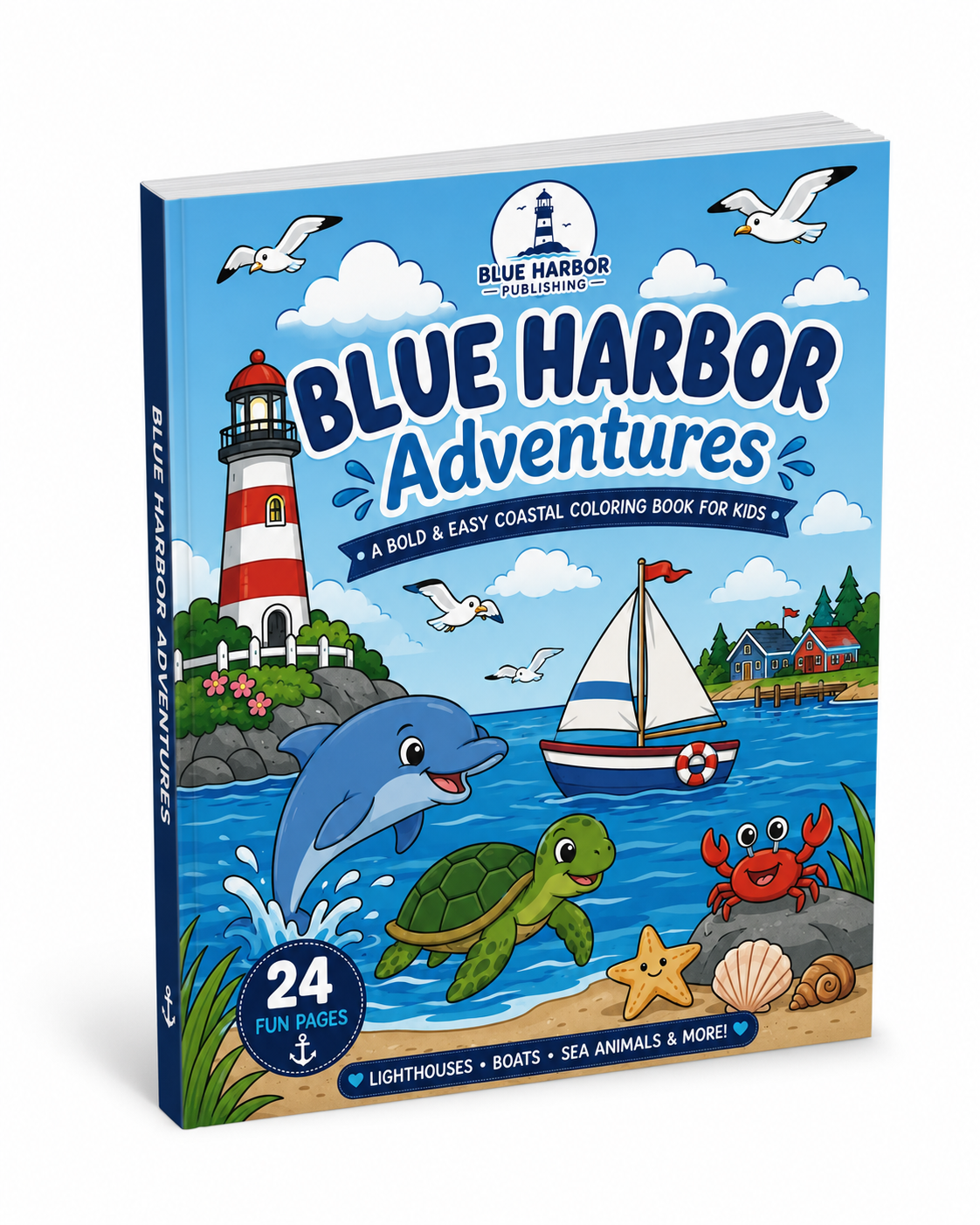 Blue Harbor Adventures kids coloring book shown at a slight angle to display the front cover and spine. The cover features a colorful cartoon illustration of a lighthouse, sailboat, dolphin, turtle, crab, and seagulls under a bright blue sky.