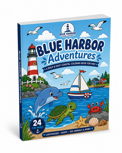 Blue Harbor Adventures kids coloring book shown at a slight angle to display the front cover and spine. The cover features a colorful cartoon illustration of a lighthouse, sailboat, dolphin, turtle, crab, and seagulls under a bright blue sky.